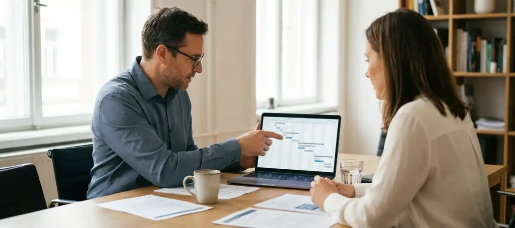 IT-consultant bespreekt projectplanning op laptop met klant aan moderne vergadertafel, documenten en koffie in daglicht.