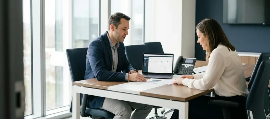 IT-consultant en zakelijke klant bespreken een voorstel aan een moderne vergadertafel met laptop en bureautelefoon.