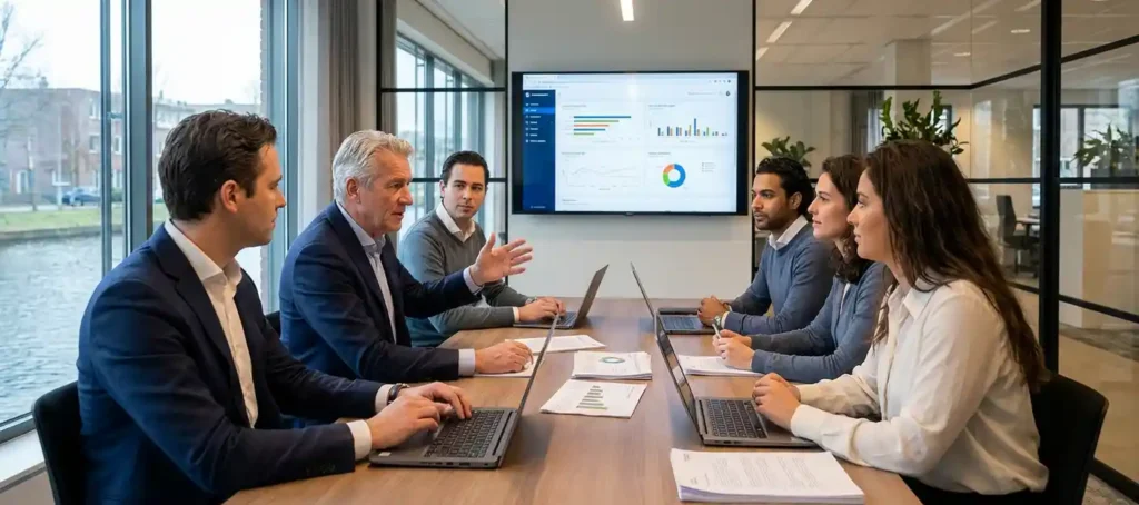 Senior IT-manager wijst naar dashboardmetrics op scherm tijdens enterprise teamoverleg met laptops en evaluatiedocumenten in modern Nederlands kantoor.