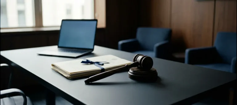 A wooden judge's gavel on a modern desk next to official documents, with a laptop in the background in a professional office setting.