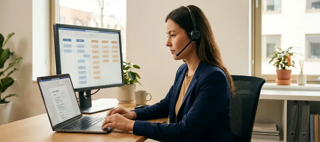 Professional met headset bekijkt gestructureerde documentchecklist op laptop in modern Nederlands kantoor met workflow-diagrammen op tweede monitor.