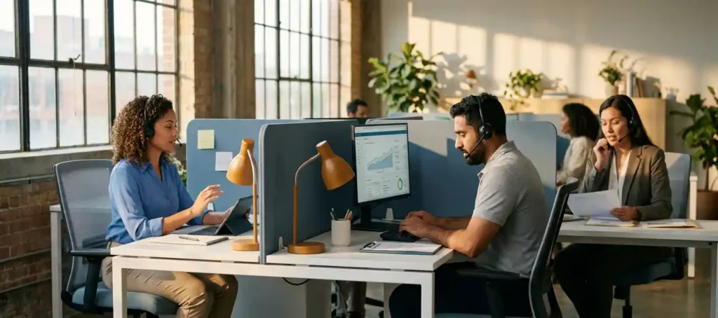 Diverse professionals met headsets aan moderne werkstations in open kantoor, samenwerken in warm natuurlijk licht met leisteenblauwe tinten.