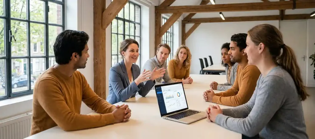 Collega's in modern Nederlands kantoor bespreken dashboardinterface op laptop, omgeven door natuurlijk daglicht en open werkruimte.