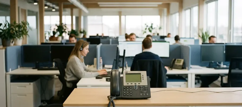 Bureautelefoon op de voorgrond in een modern open kantoor met medewerkers met headsets aan werkstations op de achtergrond.