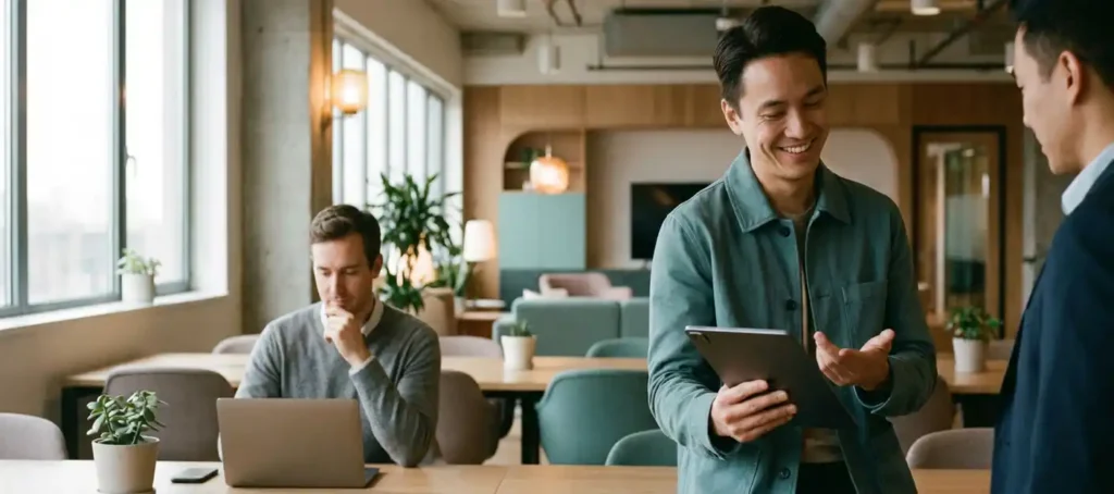 A satisfied customer leaves positive feedback on a tablet in a modern office, while a colleague in the background cancels a subscription on a laptop.