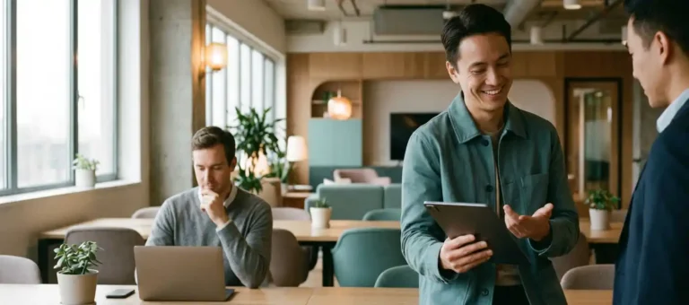 A satisfied customer leaves positive feedback on a tablet in a modern office, while a colleague in the background cancels a subscription on a laptop.