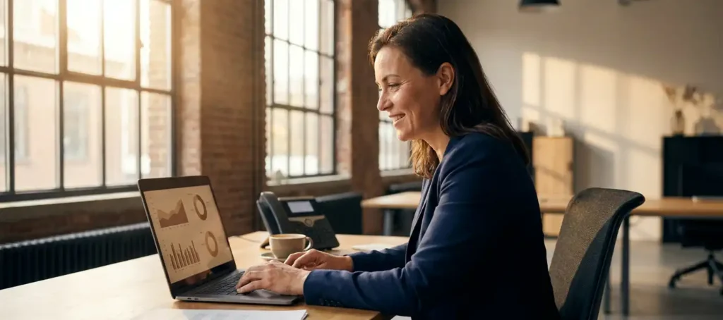 Ondernemer bekijkt klantcontact dashboard op laptop in modern Nederlands kantoor, met bureautelefoon en koffiekopje op warme werkplek.