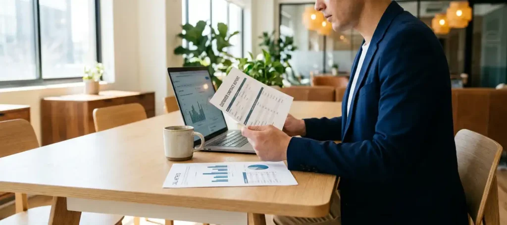 Professional in blazer bestudeert klantcontactrapport met belstatistieken aan modern bureau met laptop en koffie.