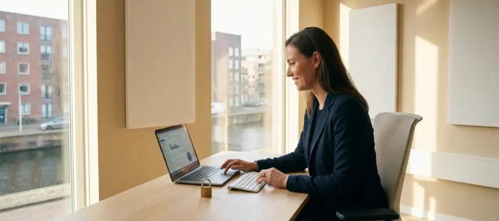 Professional in blazer bekijkt klantdata op laptop in modern kantoor, met klein hangslot naast toetsenbord als symbool van data-eigenaarschap.