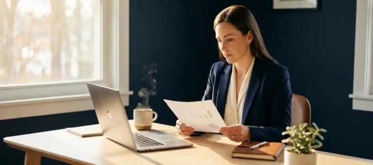 A business professional studies a customer data report at a modern desk with a laptop and a steaming cup of coffee in the warm office lighting.