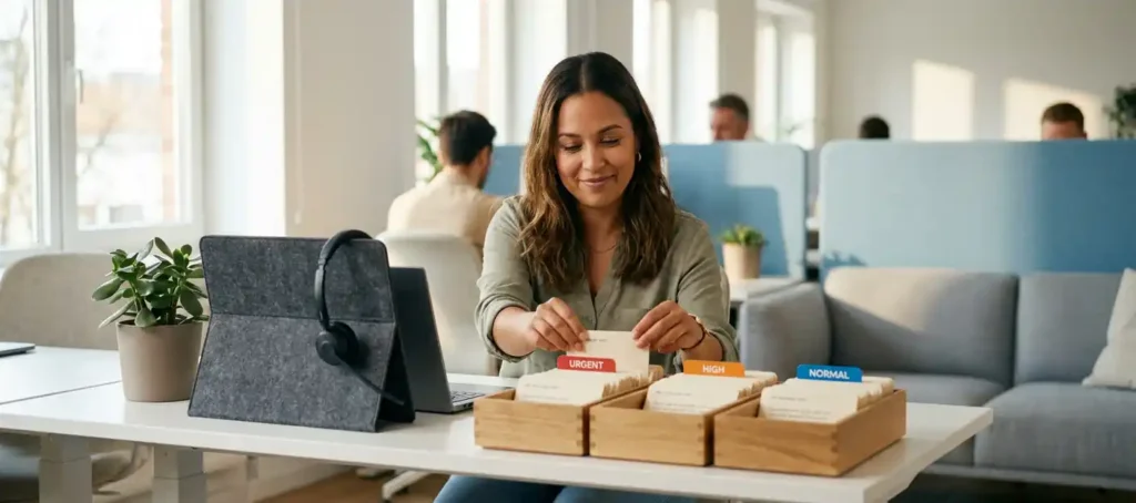 Klantenservicemedewerker sorteert berichtkaarten op urgentie aan modern bureau met georganiseerde bakjes en headset in lichte kantooromgeving.