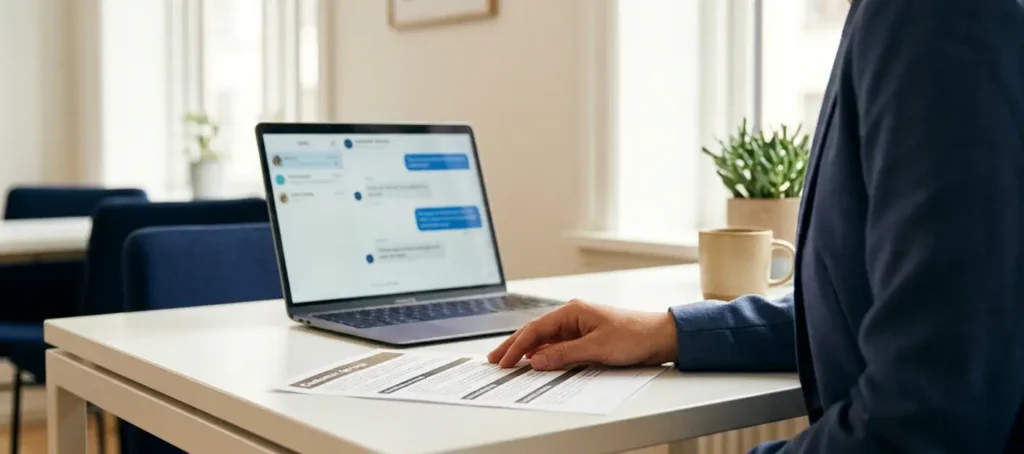 A customer service representative at a modern desk is reviewing a document with section headings, with a laptop displaying a chat interface in the background.