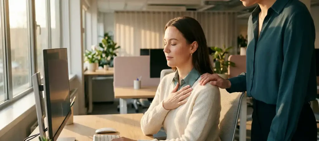 Klantenservicemedewerker met gesloten ogen en hand op borst krijgt steun van collega in modern kantoor.