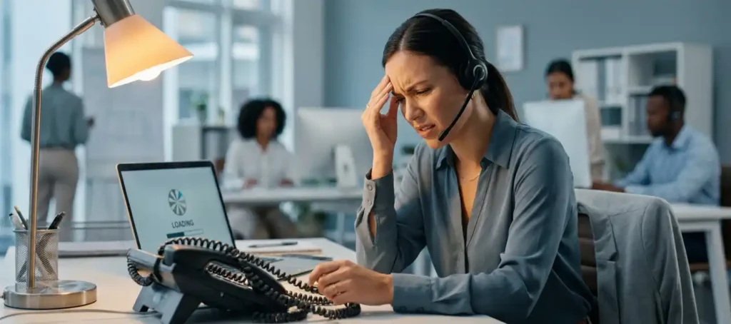 Gefrustreerde klantenservicemedewerker met headset, vingers tegen slaap, naast bureautelefoon met verward snoer en bevroren laptopscherm.