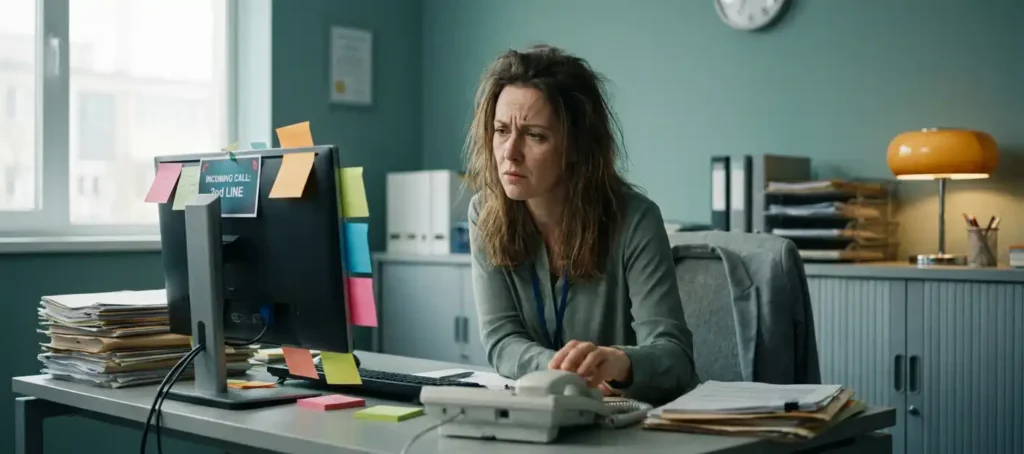 Gefrustreerde klantenservicemedewerker omringd door stapels papier en sticky notes, met twee onbeantwoorde telefoongesprekken tegelijk.