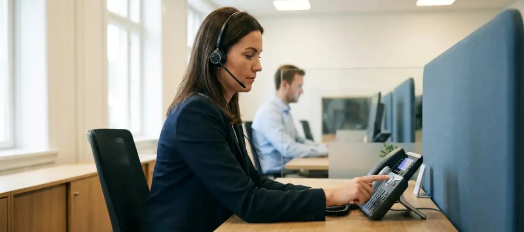 Klantenservicemedewerker met headset drukt op routeringsknop van bureautelefoon om gesprek door te verbinden in modern kantoor.