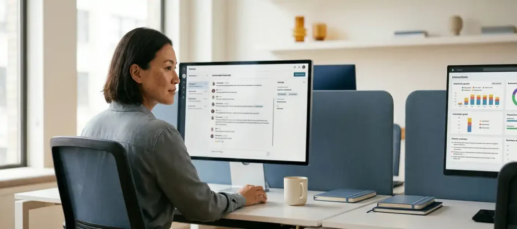 Klantenservicemedewerker bekijkt gespreksoverzicht op monitor in modern kantoor met zacht natuurlijk licht.