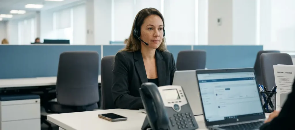 Klantenservicemedewerker met headset aan modern bureau met smartphone, desktelefoon en laptop als communicatiekanalen.