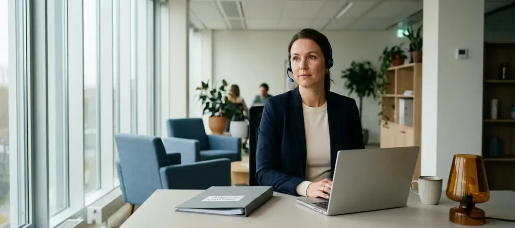 A customer service representative wearing a headset at a modern desk in a Dutch office, with a compliance folder and a laptop in the background.