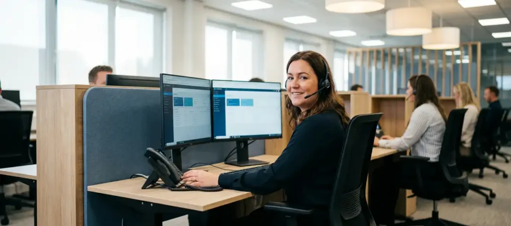 Klantenservicemedewerker met headset aan modern werkstation in open kantoor, collega's zichtbaar op de achtergrond.