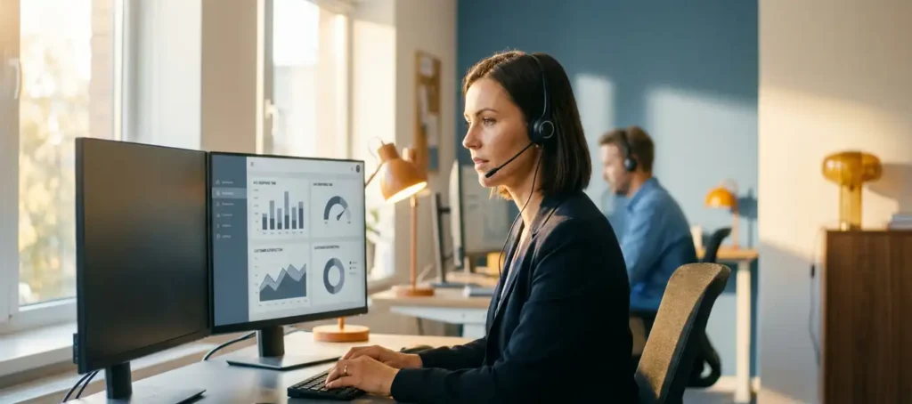 Klantenservicemedewerker met headset achter dual-monitor werkstation met gespreksmetrieken dashboard, collega zichtbaar op de achtergrond.