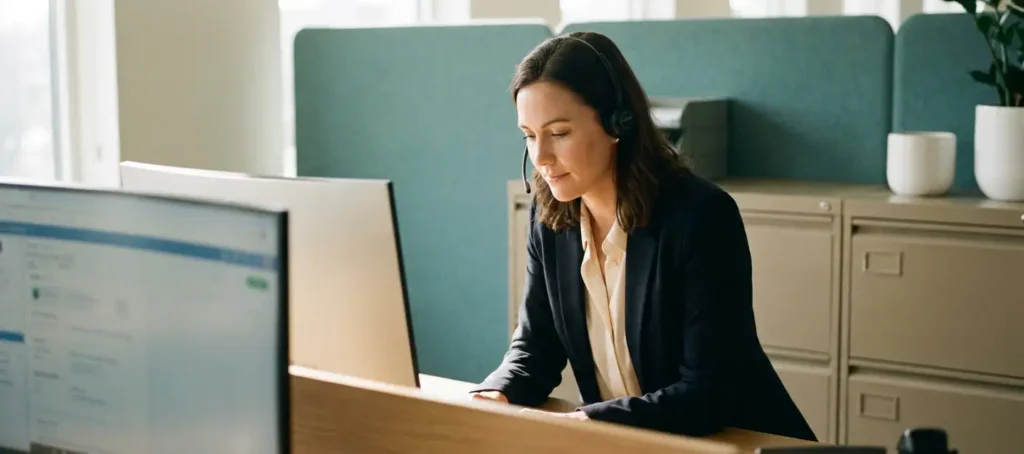 Klantenservicemedewerker met headset neemt actief gesprek over aan modern bureau in warm verlicht kantoor.