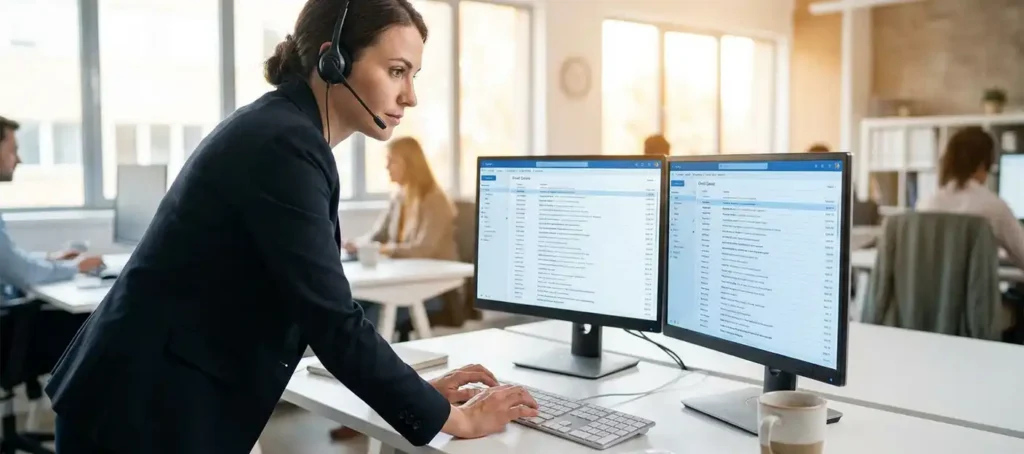 Customer service representative with headset types on keyboard at dual monitors in bright modern office.
