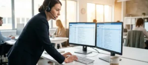 Customer service representative with headset types on keyboard at dual monitors in bright modern office.