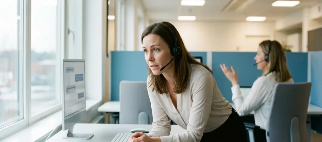 Klantenservicemedewerker met headset leunt aandachtig voorover aan modern bureau met chatmeldingen op monitor, open kantooromgeving.