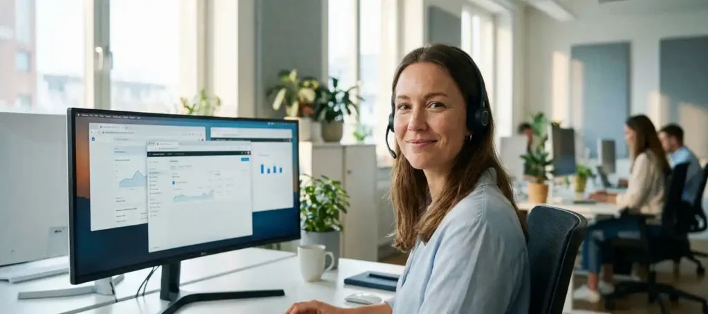 Klantenservicemedewerker met headset glimlacht achter ultrabreed monitor met meerdere browsertabbladen in licht modern kantoor.