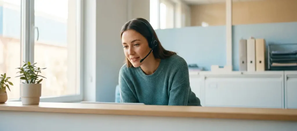 Klantenservicemedewerker met headset aan modern bureau, aandachtig luisterend in warm verlicht kantoor met zachte teint- en tealtinten.