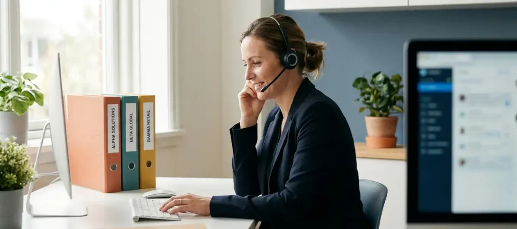 Klantenservicemedewerker met headset aan modern bureau, met drie gekleurde clientmappen naast het toetsenbord in warm kantoorlicht.