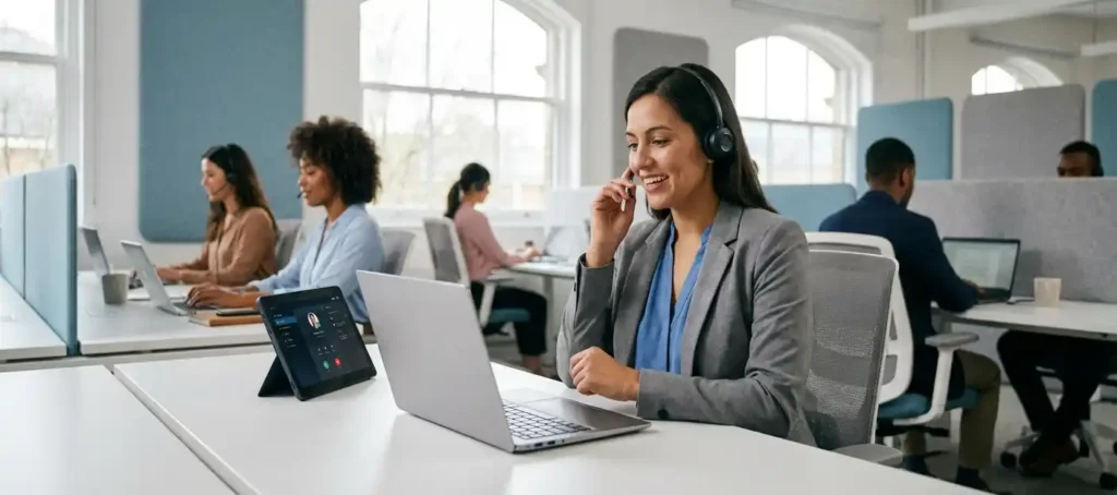 Klantenservicemedewerker met headset aan modern bureau in open kantoor met laptop en softphone-interface.