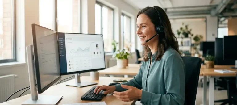 A customer service representative wearing a headset smiles at a modern workstation with a customer profile displayed on a second monitor, in an office with natural light.