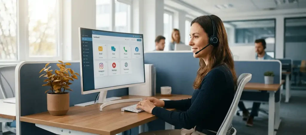 Klantenservicemedewerker met headset achter modern werkstation, meerdere communicatiekanalen op één monitor in open kantooromgeving.