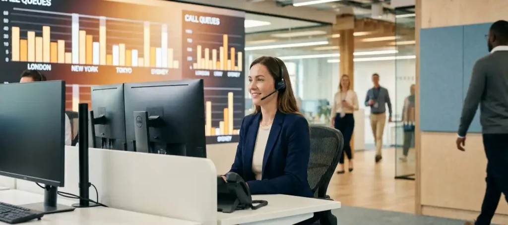 Klantenservicemedewerker met headset achter werkstation, digitaal wallboard toont realtime belwachtrijen voor meerdere locaties.