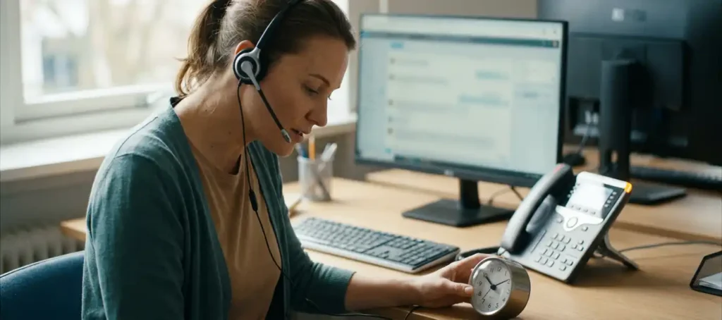 Customer service representative with headset checks desk clock while a second call flashes on office phone.