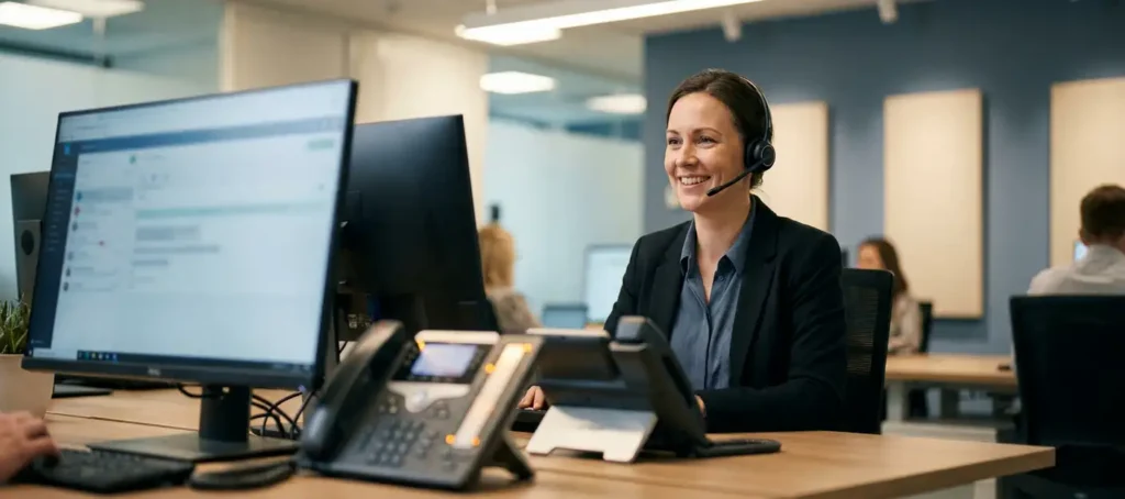 Klantenservicemedewerker met headset aan modern bureau, omringd door rij gloeiende telefoons in kantooromgeving.