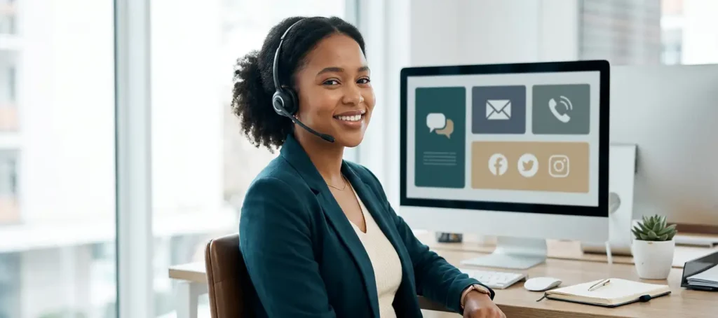 Klantenservicemedewerker met headset aan modern bureau, meerdere communicatiekanalen zichtbaar op monitor, warm natuurlijk licht.