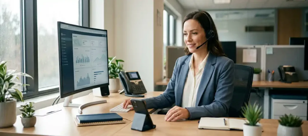 Customer service representative with headset at modern desk with smartphone, desktop screen and desk phone in warm office light.