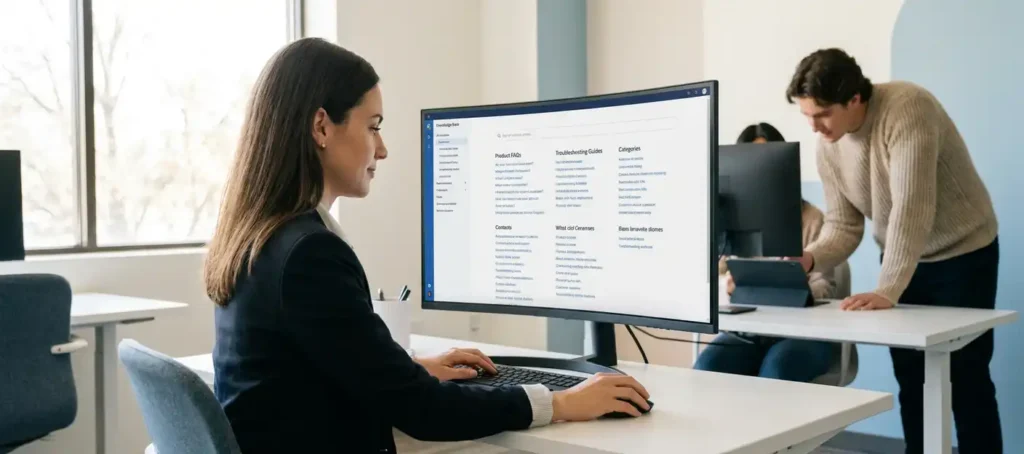 Klantenservicemedewerker raadpleegt digitale kennisbank op groot scherm in modern kantoor met collega op de achtergrond.