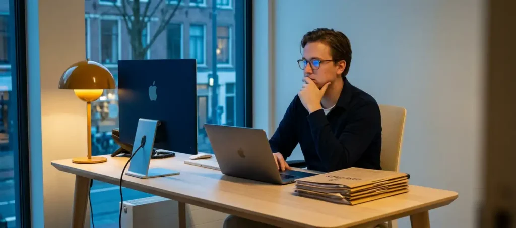 Klantenservicemedewerker pauzeert nadenkend achter laptop met stapel onopgeloste dossiers, warm amberkleurig bureaulicht in modern Nederlands kantoor.