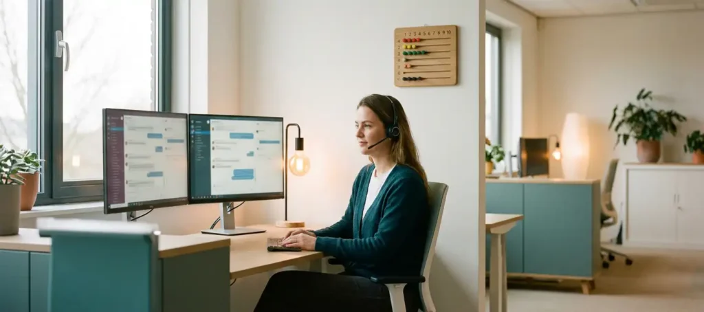 Klantenservicemedewerker beheert meerdere chatvensters op twee monitoren in een modern Nederlands kantoor met natuurlijk daglicht.