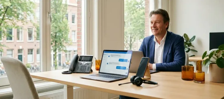 Customer service representative at a modern desk equipped with a phone, laptop, smartphone, and headset in a professional Dutch office.