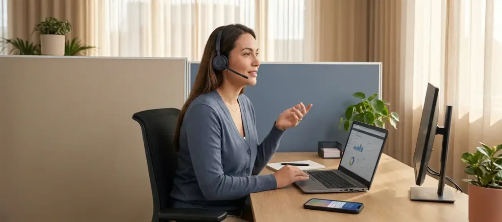 Klantenservicemedewerker met headset en laptop aan modern bureau, omgeven door smartphone, in warm kantoor met natuurlijk licht.