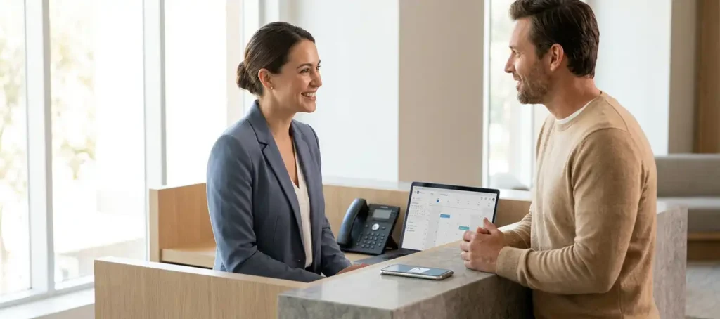 Customer service representative at a modern reception desk equipped with a phone, laptop, and smartphone for omnichannel customer contact.