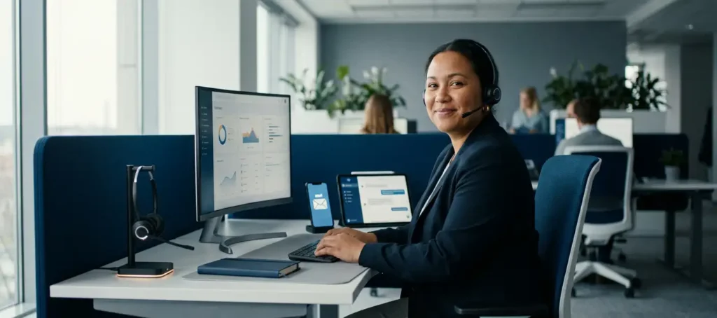 Klantenservicemedewerker met headset aan bureau met monitor, smartphone en tablet in modern open kantoor.