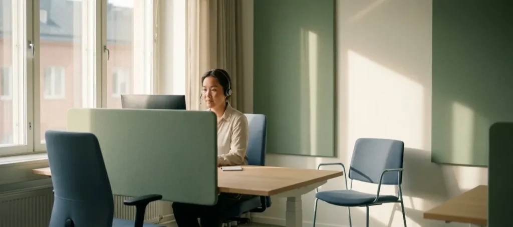 Klantenservicemedewerker met headset aan rustig bureau in Scandinavisch kantoor met groot raam en lege stoel naast zich.