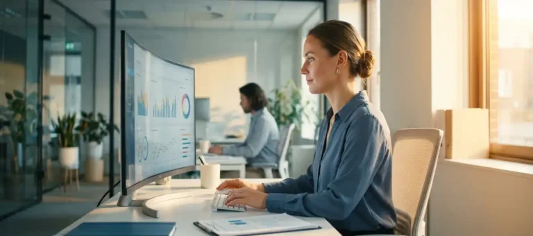 Customer service representative views performance metrics on monitor in modern office with natural sidelight.