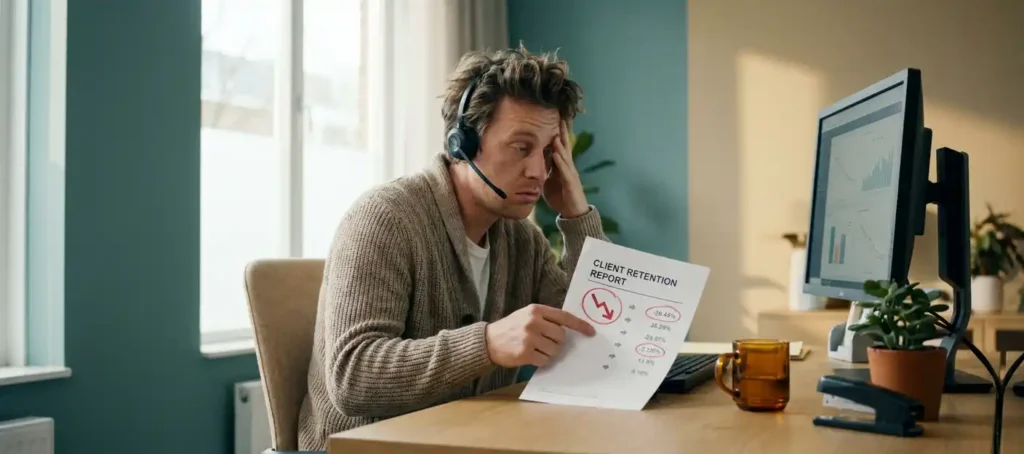 Customer service representative anxiously reviews a customer retention report with declining numbers at a modern office desk.